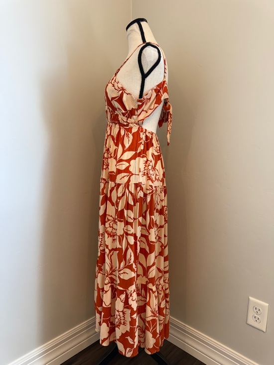 Angie Floral Maxi Dress Large Open Back Tie Boho Orange Cream Flowy Summer - Picture 3 of 5